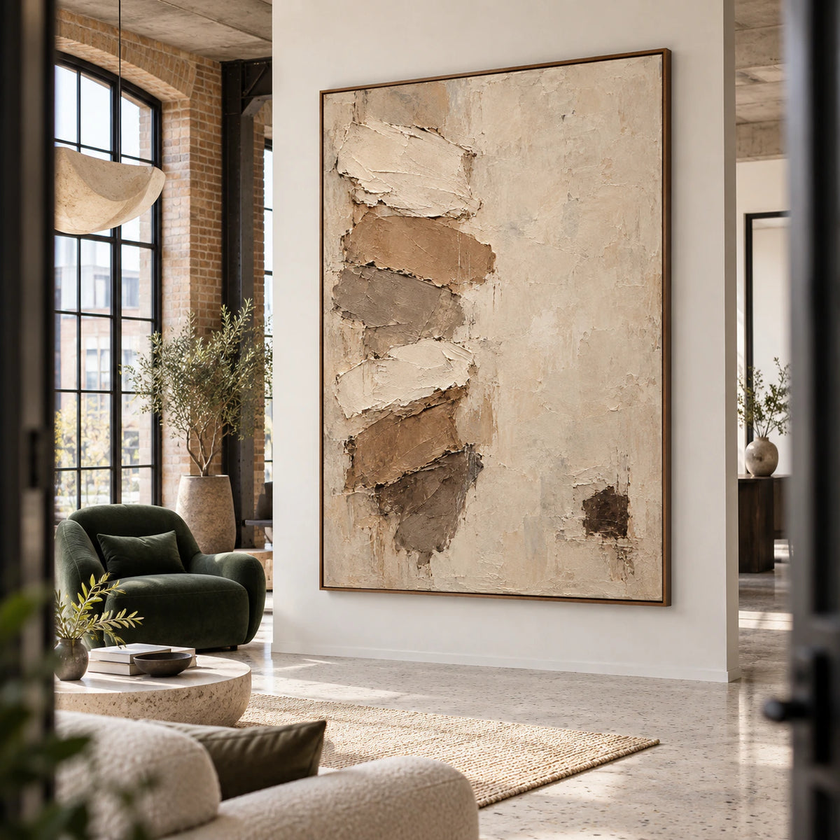 Expansive loft hospitality interior featuring Earthen-Relief as a monumental tactile artwork.