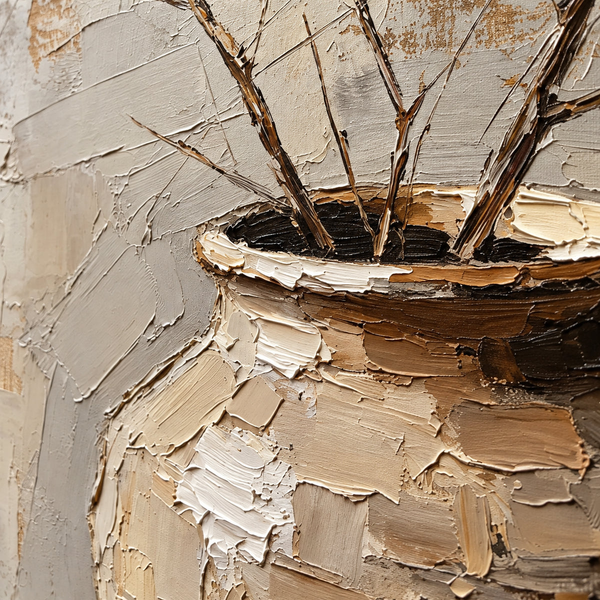 Earthen-Repose oil painting brushwork and impasto detail photographed from an oblique side angle