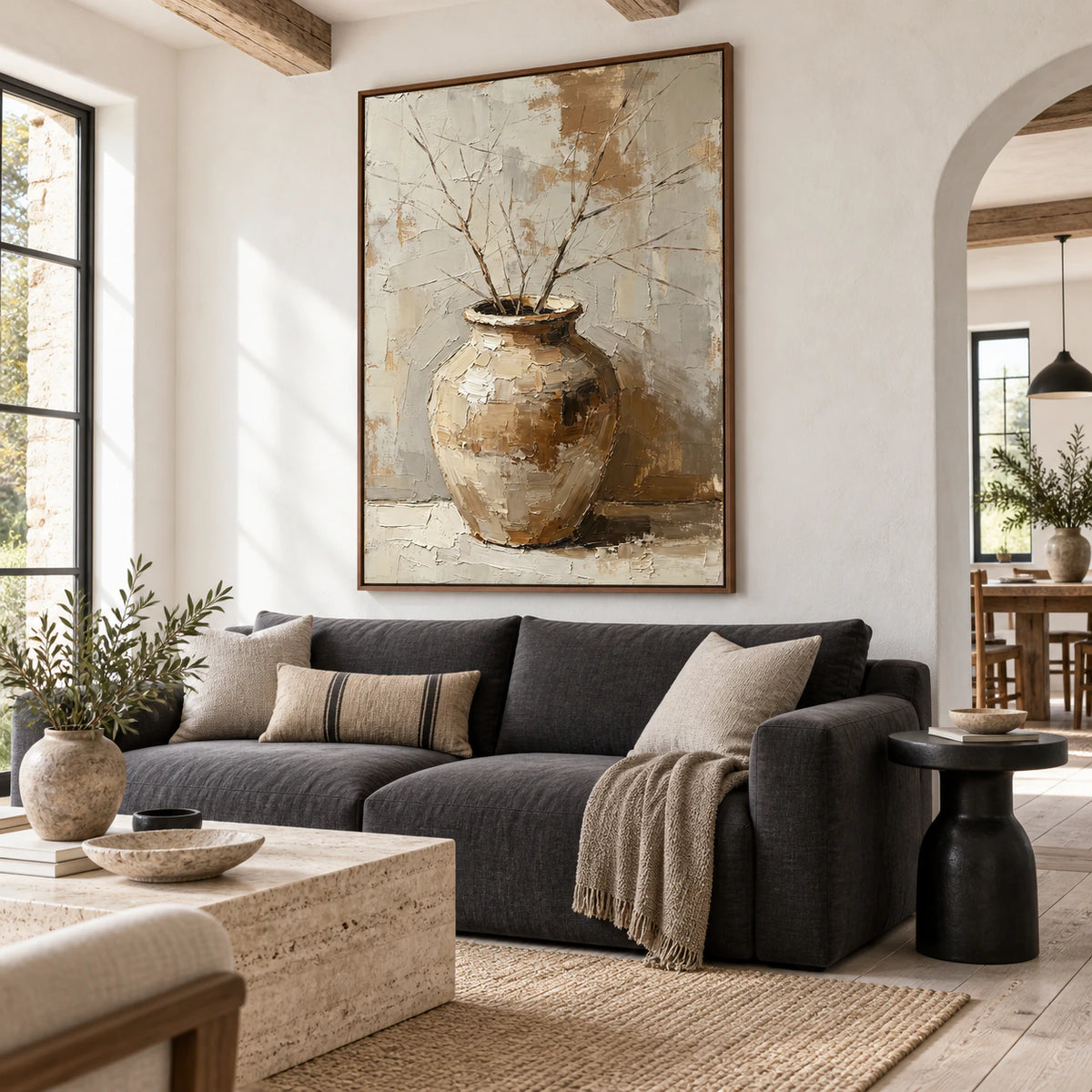 Earthen-Repose as the focal artwork above a restrained sofa in a bright living room.