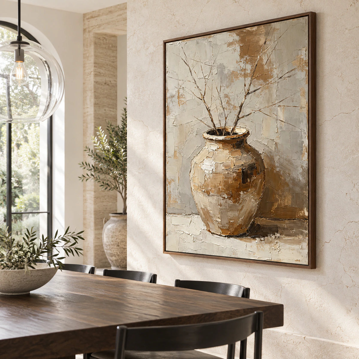 Earthen-Repose displayed prominently in a refined daylight-filled dining room.