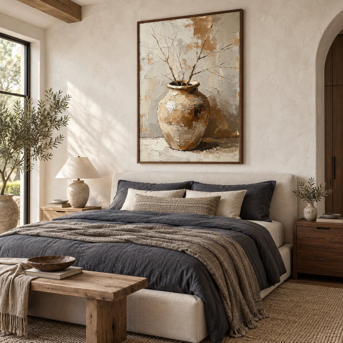Earthen-Repose above a low upholstered bed in a quiet, light-filled bedroom.