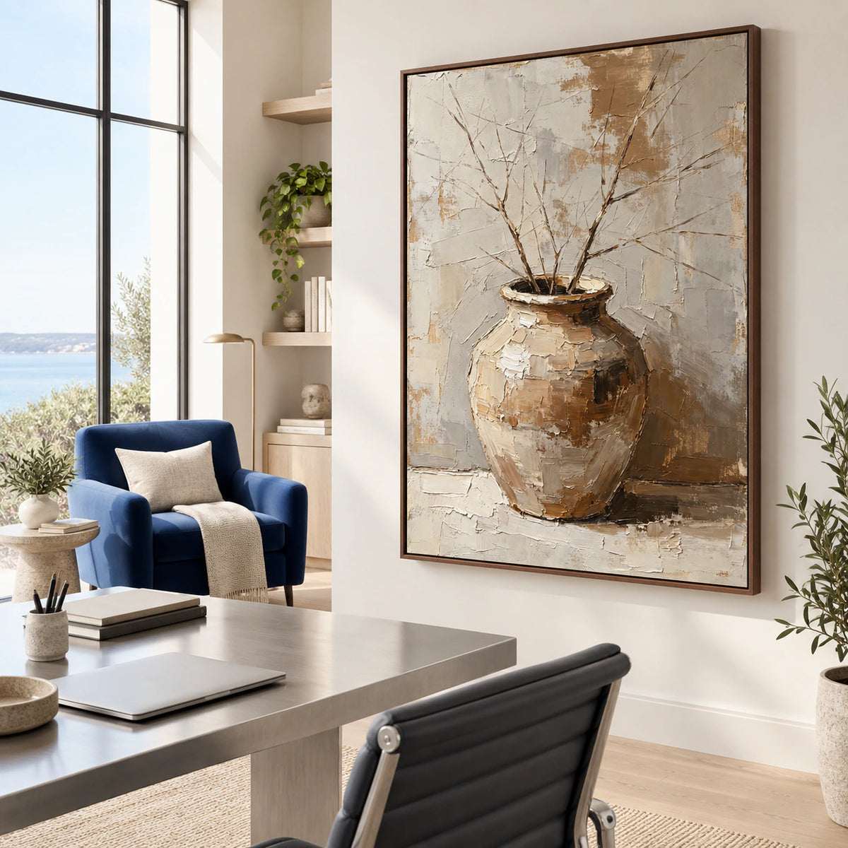 Earthen-Repose as the central artwork in an airy home office reading space.