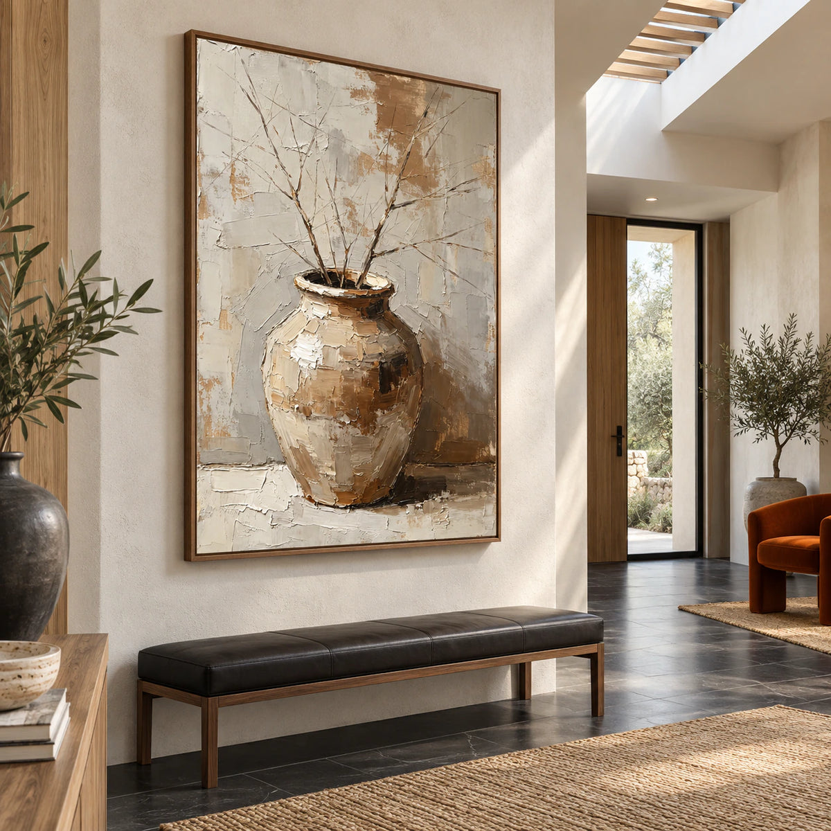 Earthen-Repose installed at gallery scale in an open, luminous foyer.