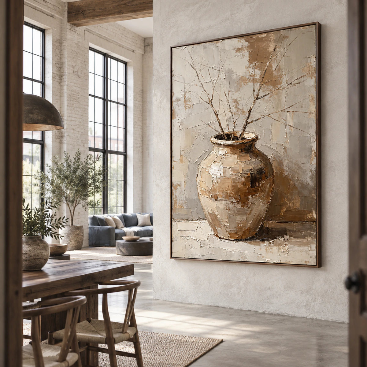 Earthen-Repose presented as a major focal point in an expansive loft hospitality interior.