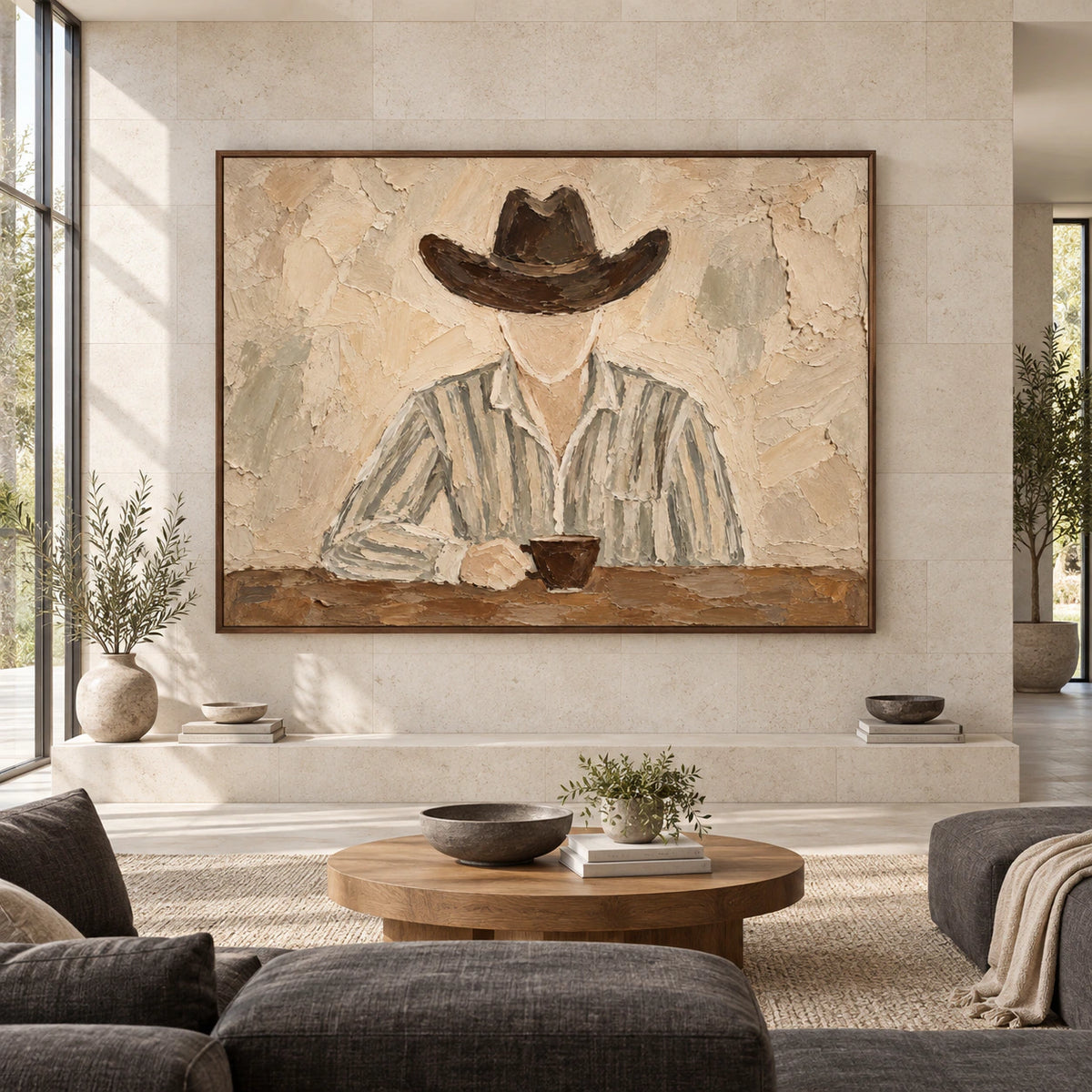 Large horizontal textured figure painting displayed straight-on in a spacious daylight-filled gallery room.