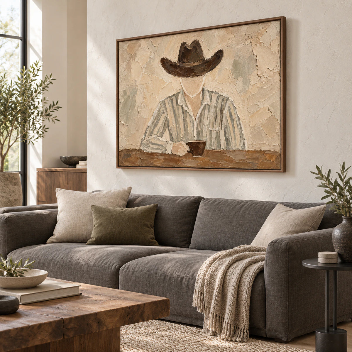 Horizontal textured figure painting above a restrained sofa in a bright living room.