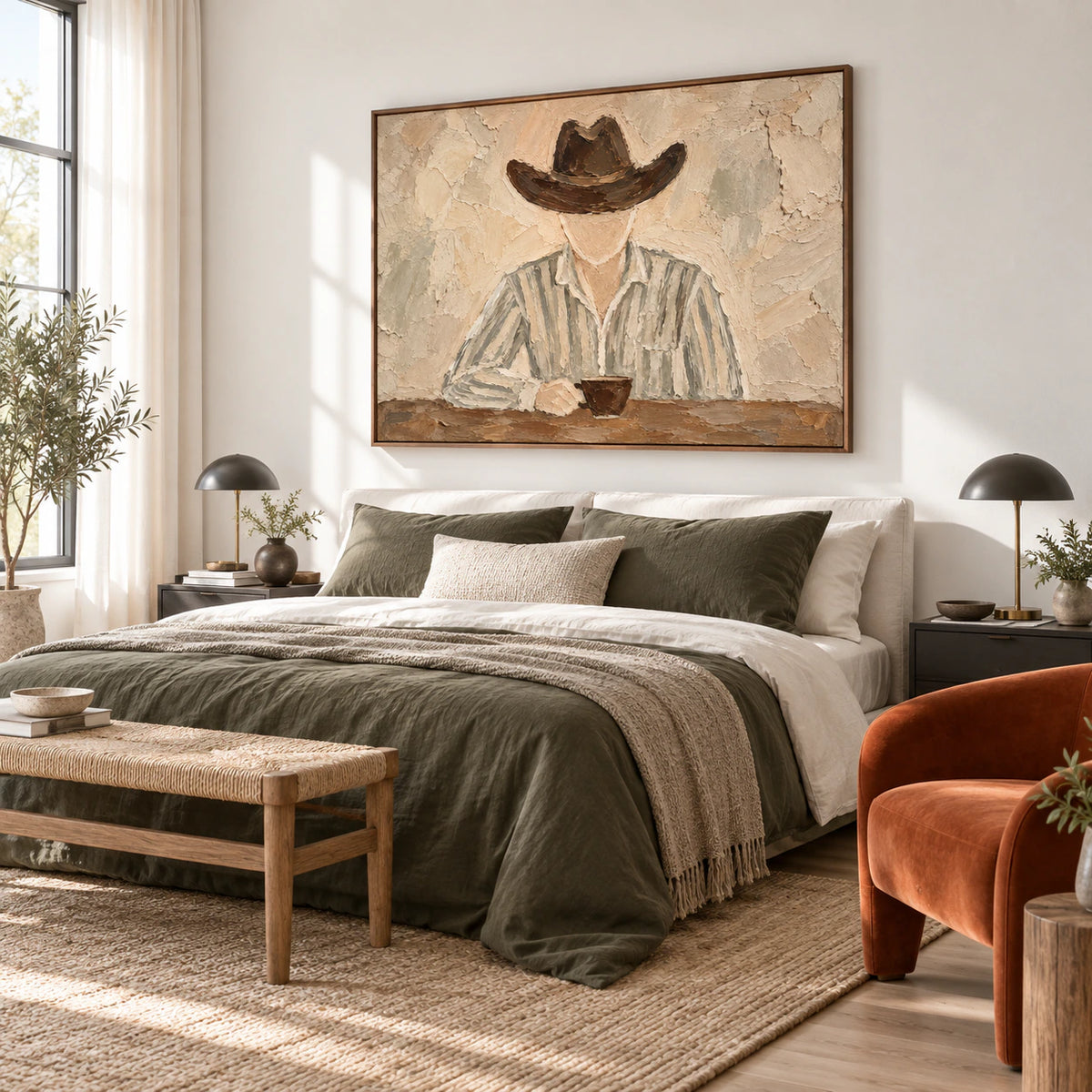 Horizontal textured portrait bringing quiet warmth to a softly lit bedroom.