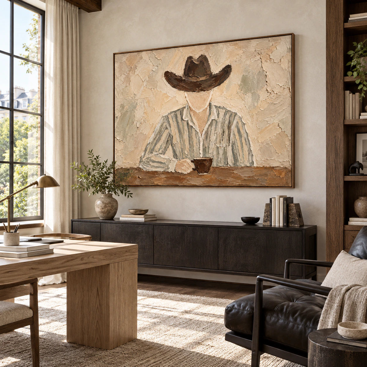 Horizontal figure painting above a reading chair in an airy home office.
