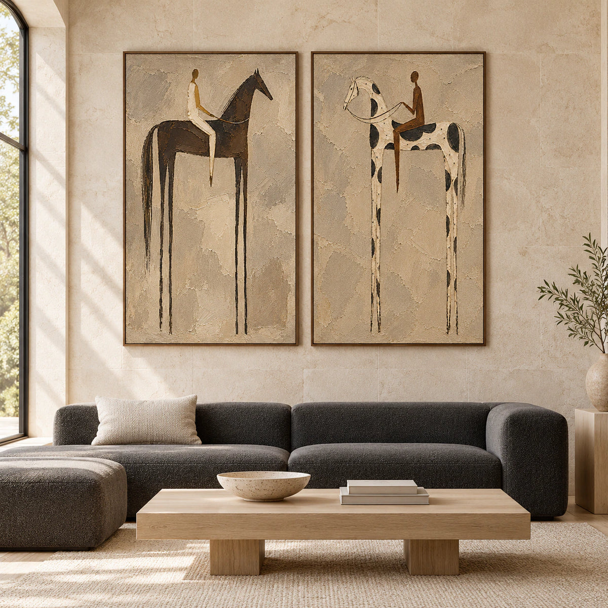 Large straight-on gallery view featuring the Earthen-Riders diptych in slim walnut frames.