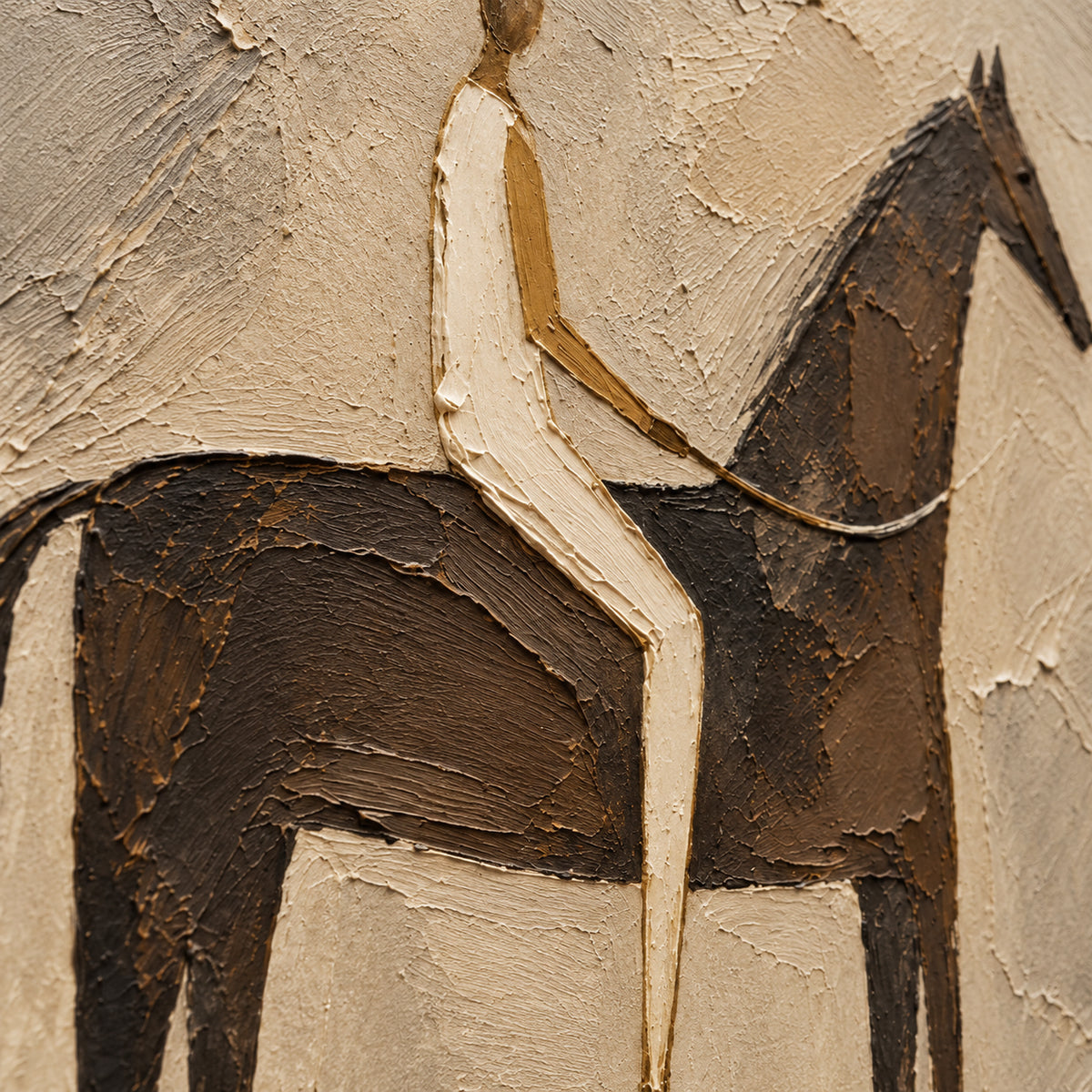 Earthen-Riders oil painting brushwork and impasto detail photographed from an oblique side angle
