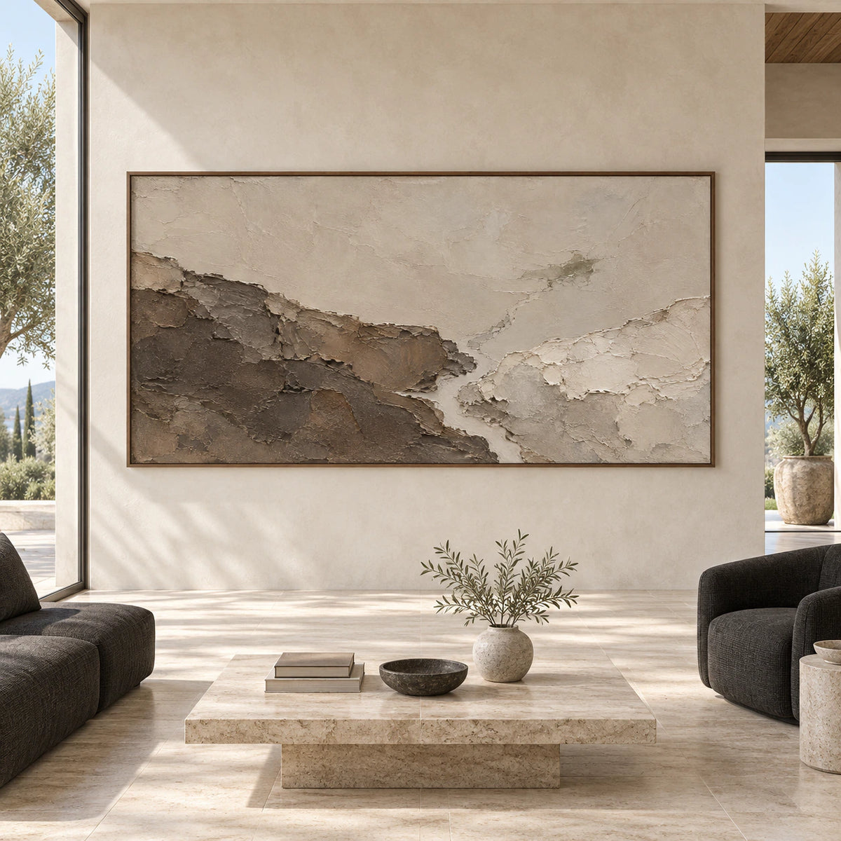 Earthen-Ridge displayed at large scale on a pale gallery wall in a spacious contemporary interior.
