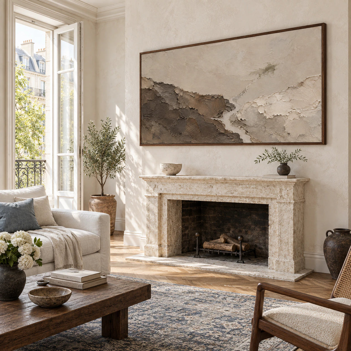 Earthen-Ridge above a restrained sofa in a bright naturally lit living room.