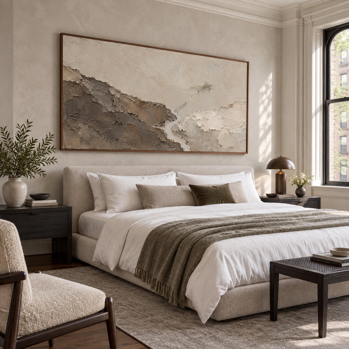 Earthen-Ridge above a low bed in a quiet, softly lit bedroom.
