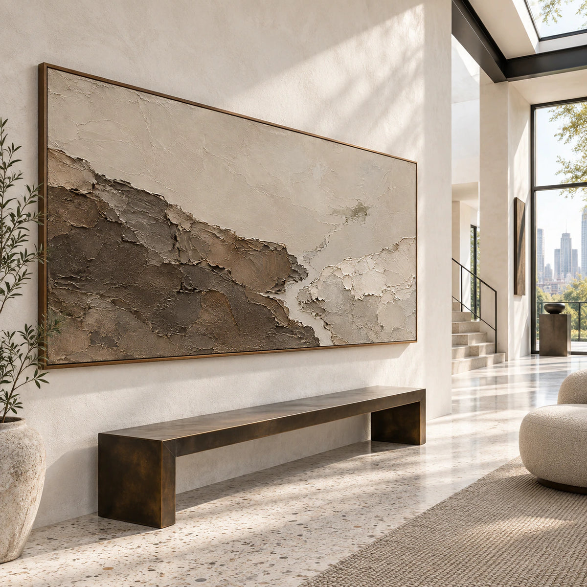 Earthen-Ridge presented at gallery scale in a bright architectural foyer.