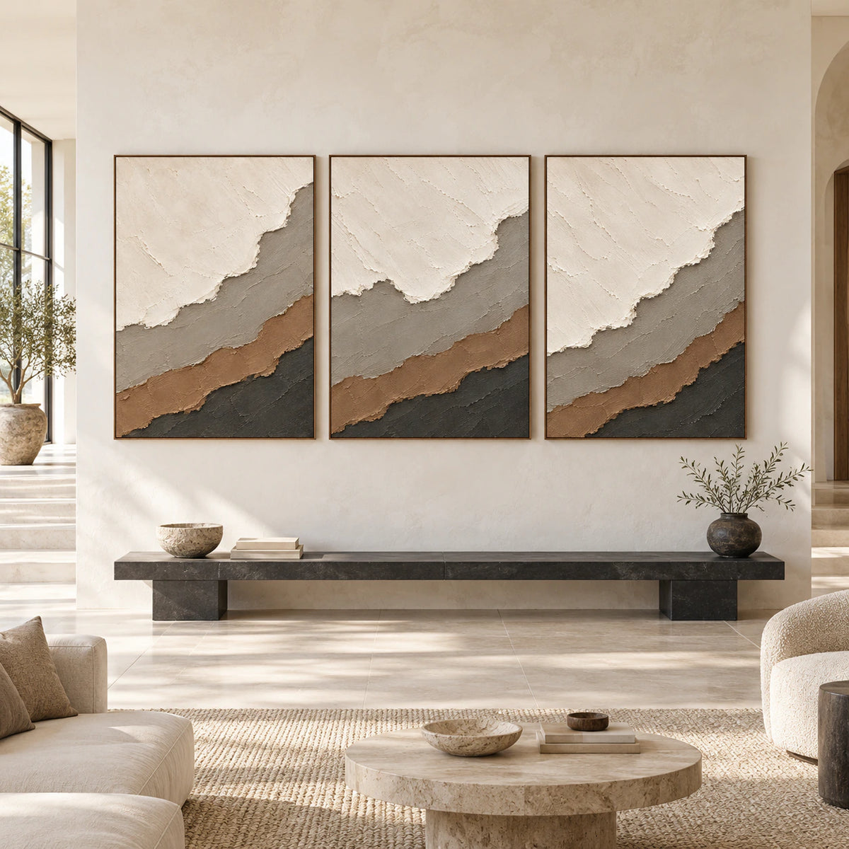 Earthen-Sediment triptych displayed straight-on at large scale in an open architectural interior.