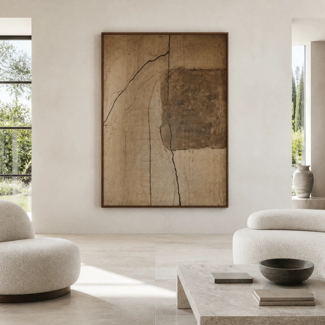 Large vertical abstract painting with a beige textured field and brown block displayed straight-on in a spacious architectural interior.