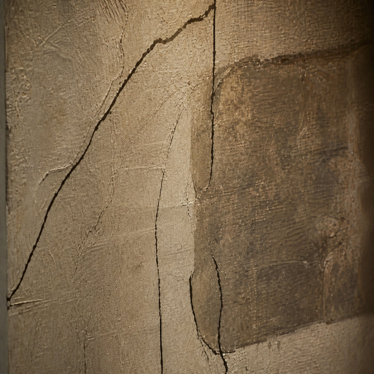 Earthen-Threshold oil painting brushwork and impasto detail photographed from an oblique side angle