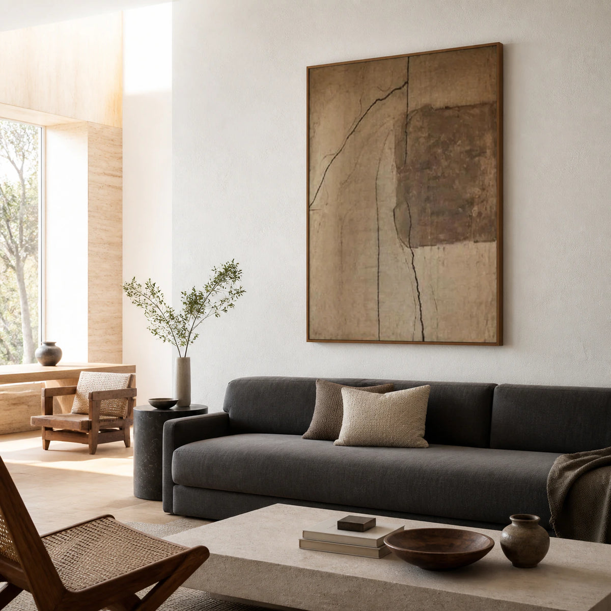 Vertical beige and brown abstract painting above a sofa in a bright living room.