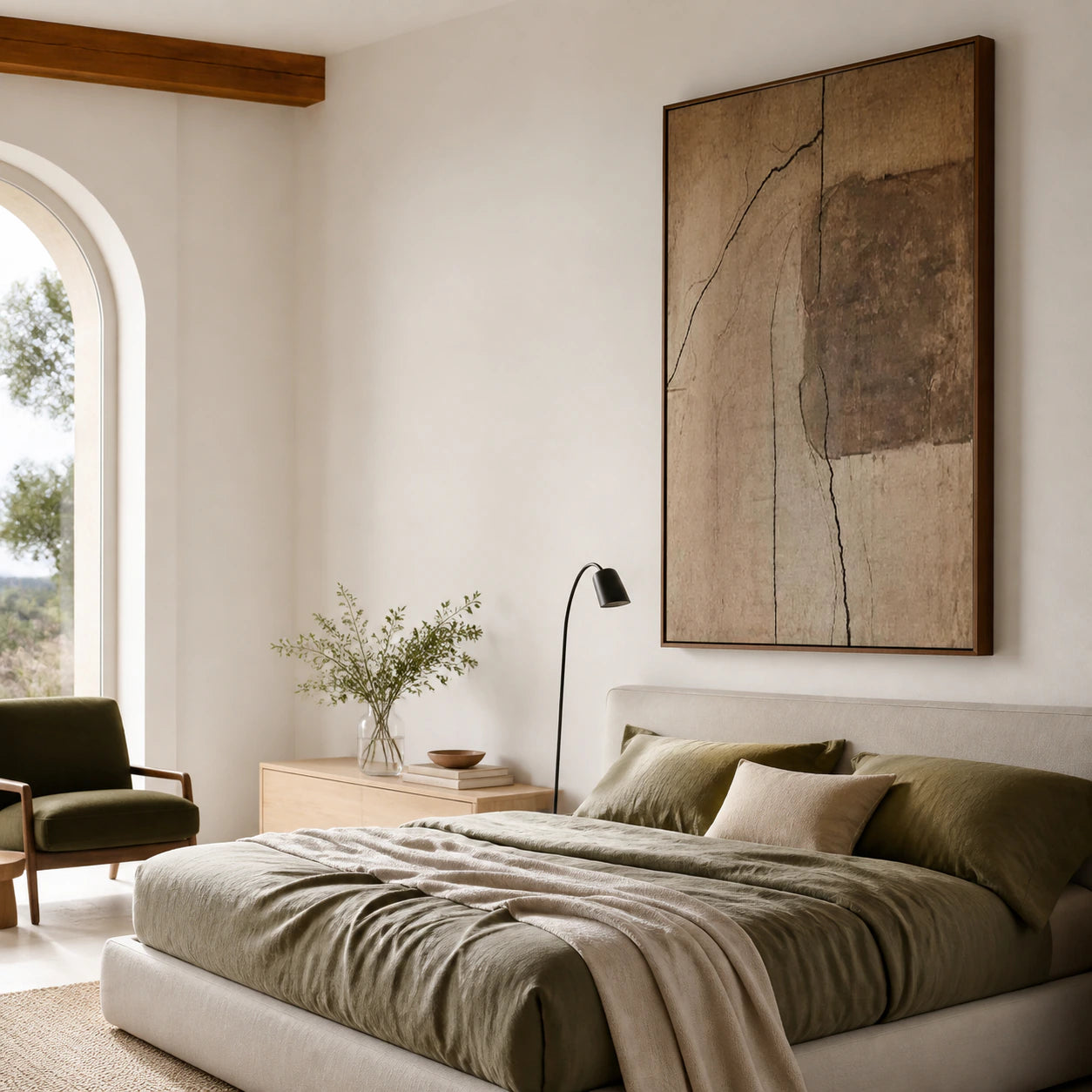 Vertical earthen abstract painting as the focal point of a quiet bedroom.
