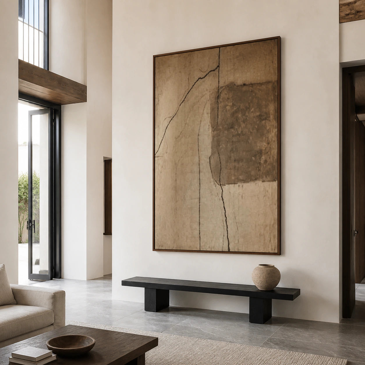 Large vertical textured abstract painting in a gallery-scale foyer.