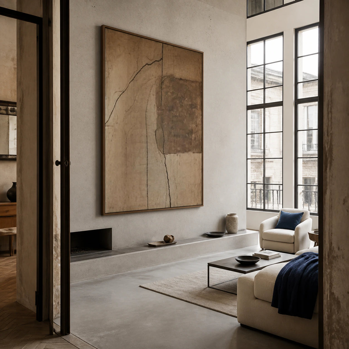 Large beige and brown abstract painting in an expansive loft hospitality interior.