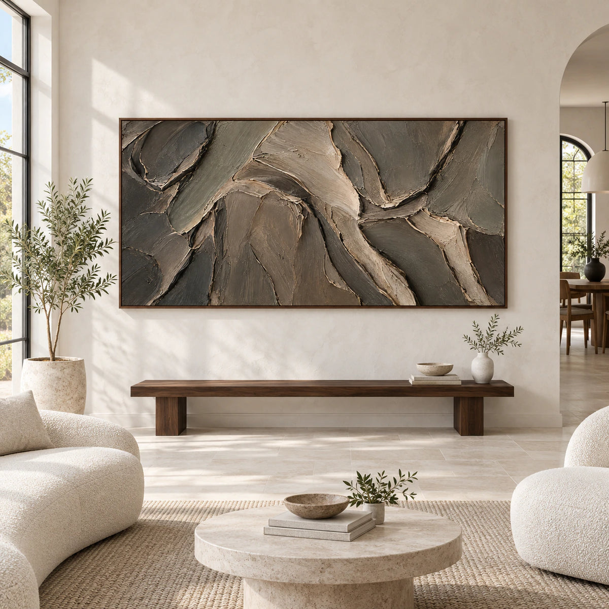 Large horizontal Earthen-Undulation painting displayed straight-on in a spacious architectural living room.