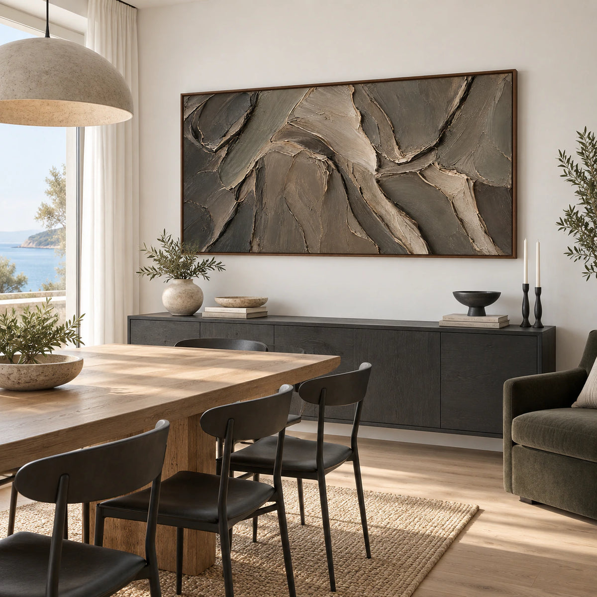 Large Earthen-Undulation painting above a refined dining setting with natural daylight.