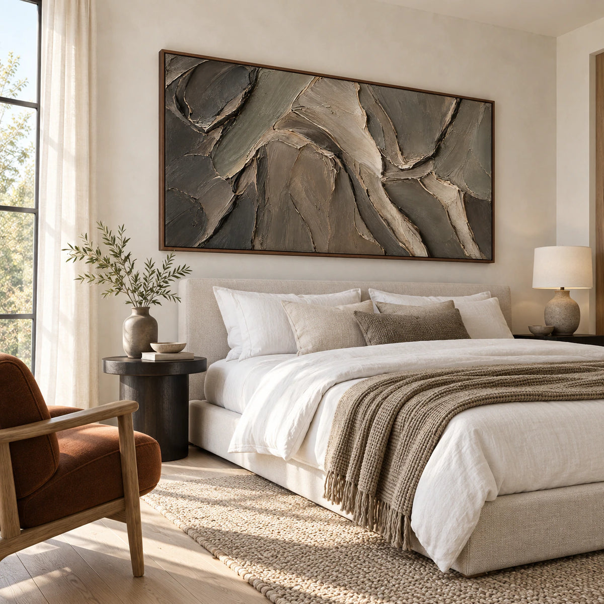 Earthen-Undulation displayed prominently in a quiet, light-filled bedroom.