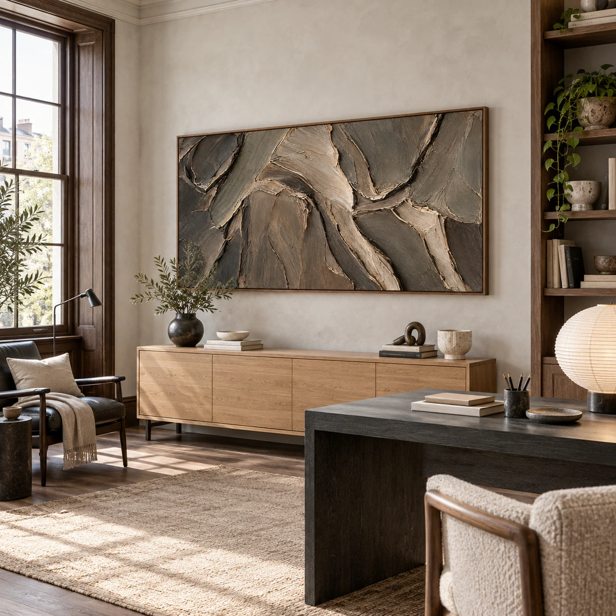 Earthen-Undulation as the focal artwork in an airy home office reading space.