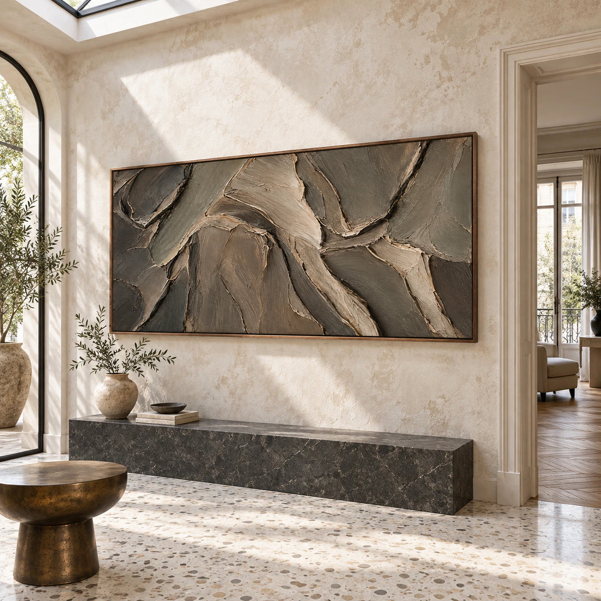 Gallery-scale Earthen-Undulation painting in a bright, sculptural foyer.