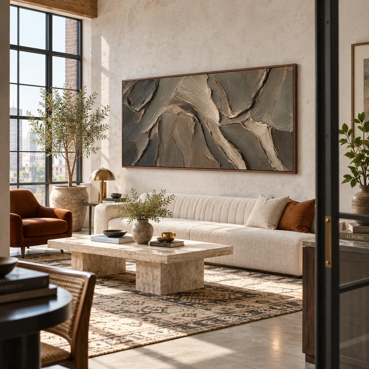Large Earthen-Undulation painting anchoring an expansive daylight-filled loft interior.