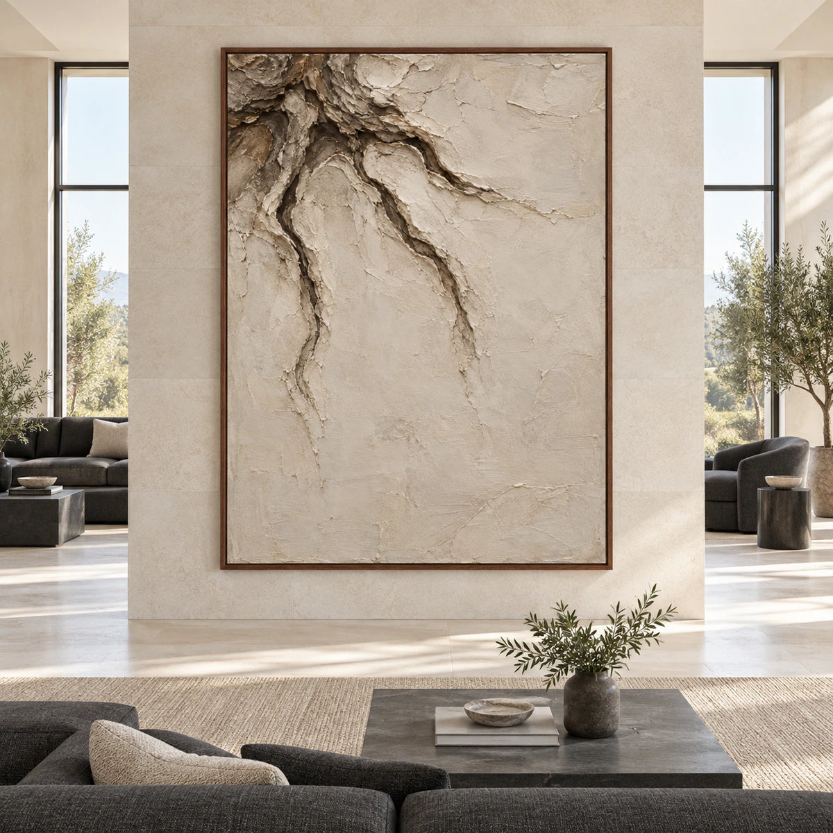 Earthen-Vein displayed at large scale, straight-on in a bright architectural living space.