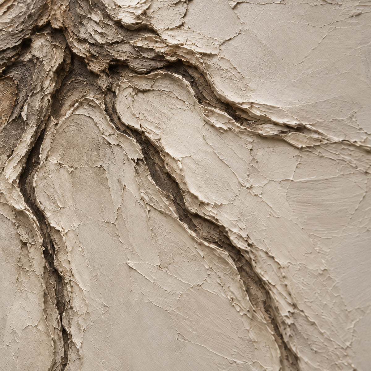 Earthen-Vein oil painting brushwork and impasto detail photographed from an oblique side angle
