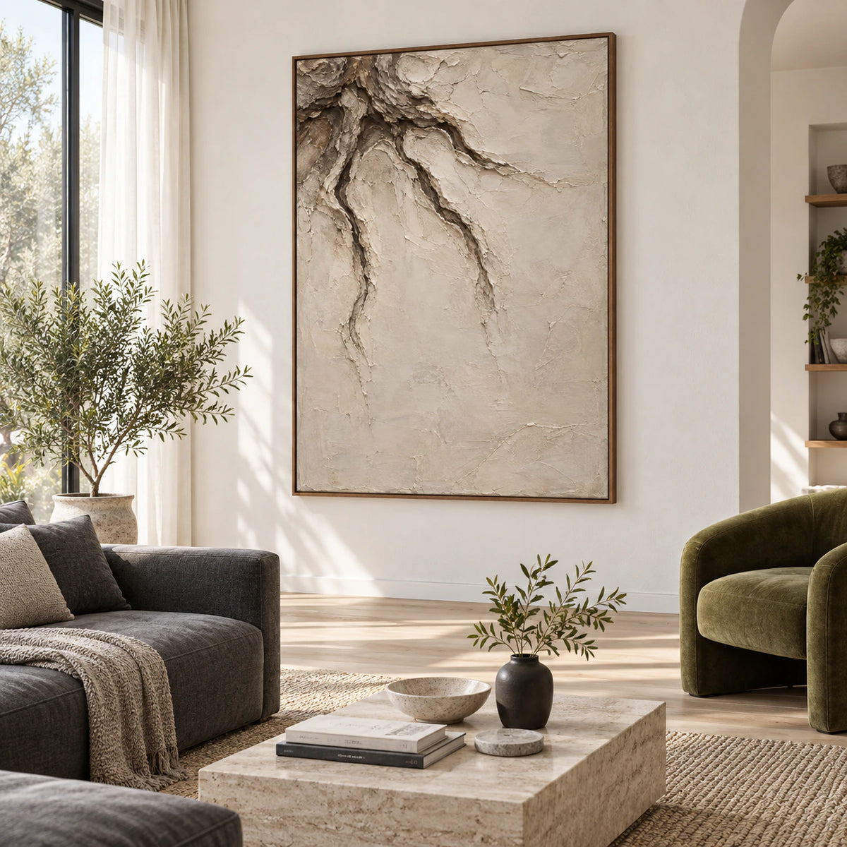 Earthen-Vein as the focal artwork in a bright contemporary living room.
