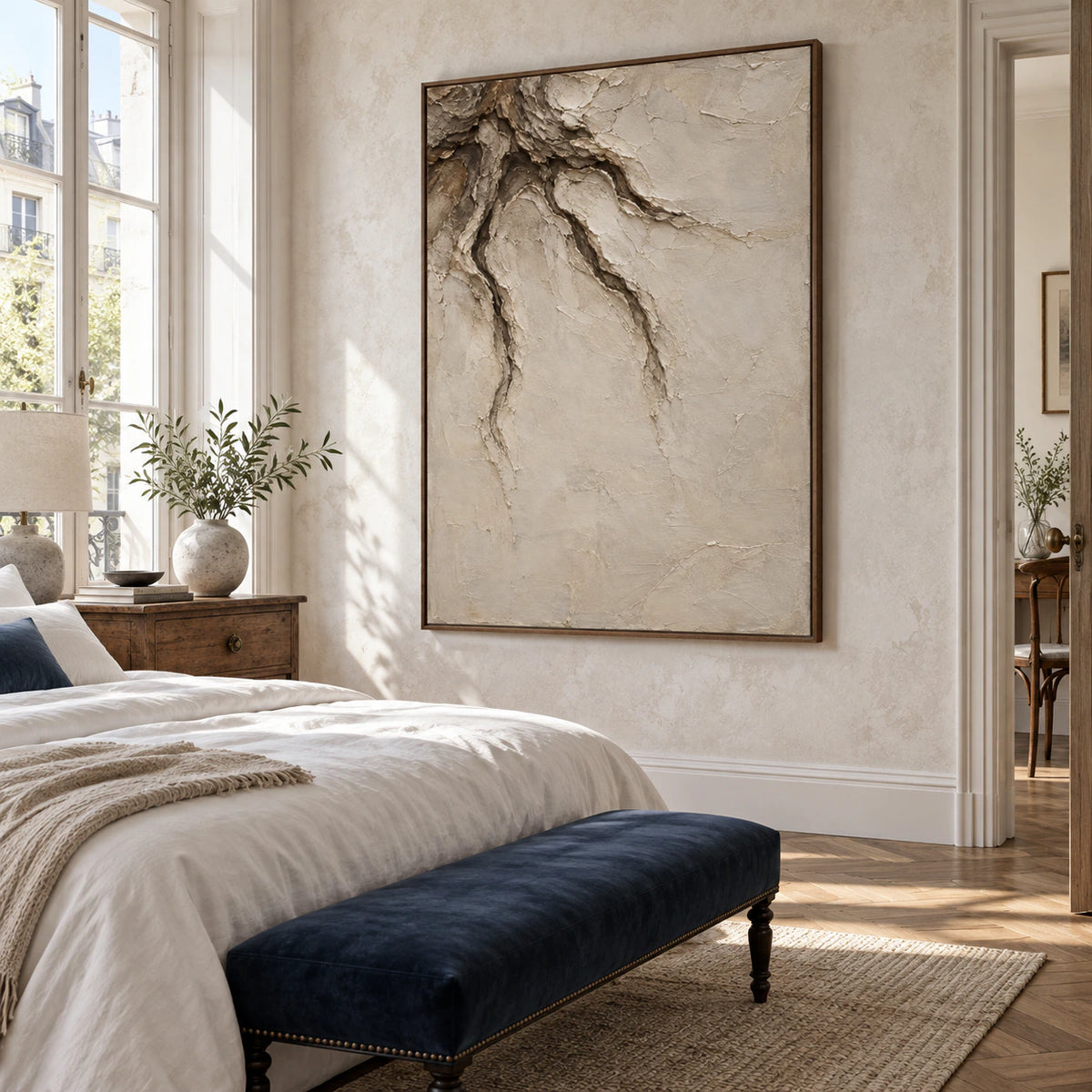 Earthen-Vein as a calm focal point in a quiet, light-filled bedroom.