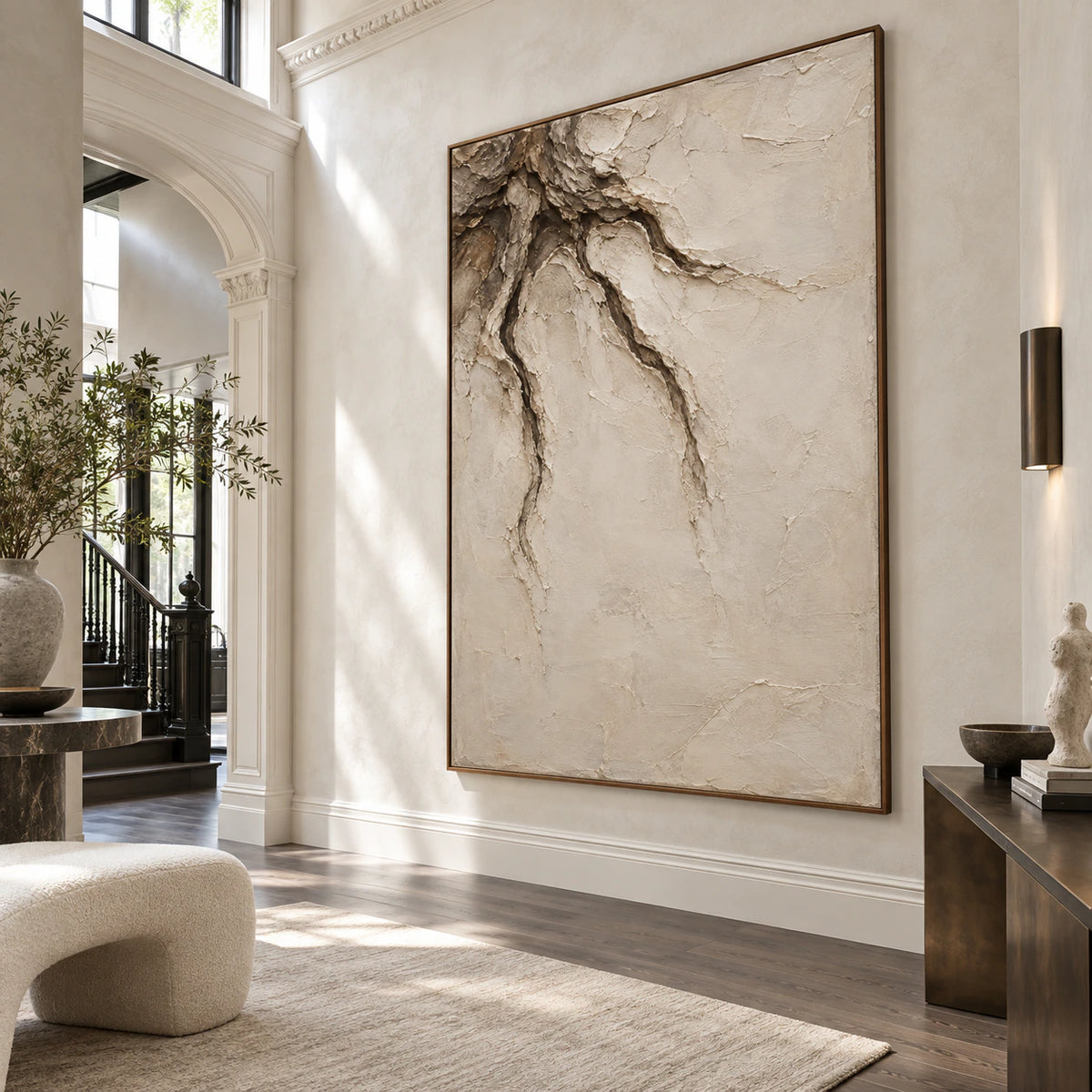 Earthen-Vein presented at gallery scale in a bright sculptural foyer.