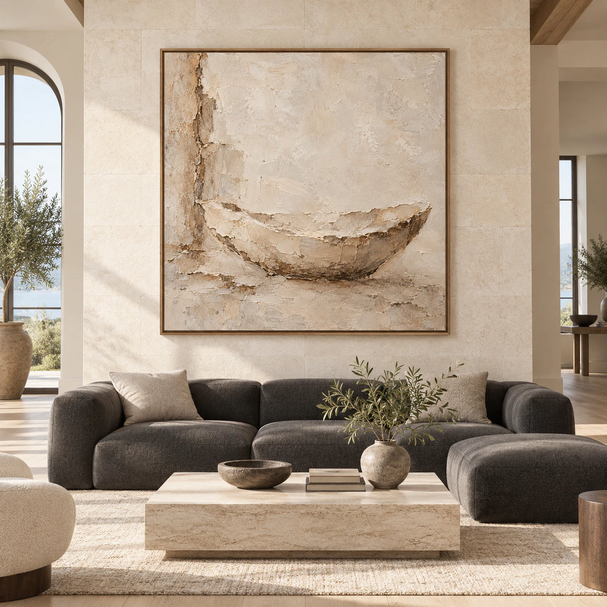 Earthen-Vessel displayed at large scale, straight-on in a bright architectural living space.