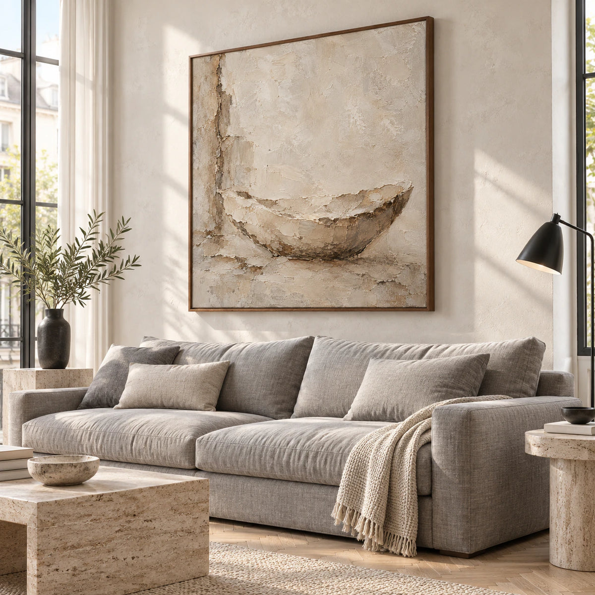 Earthen-Vessel above a restrained sofa in a bright daylight living room.