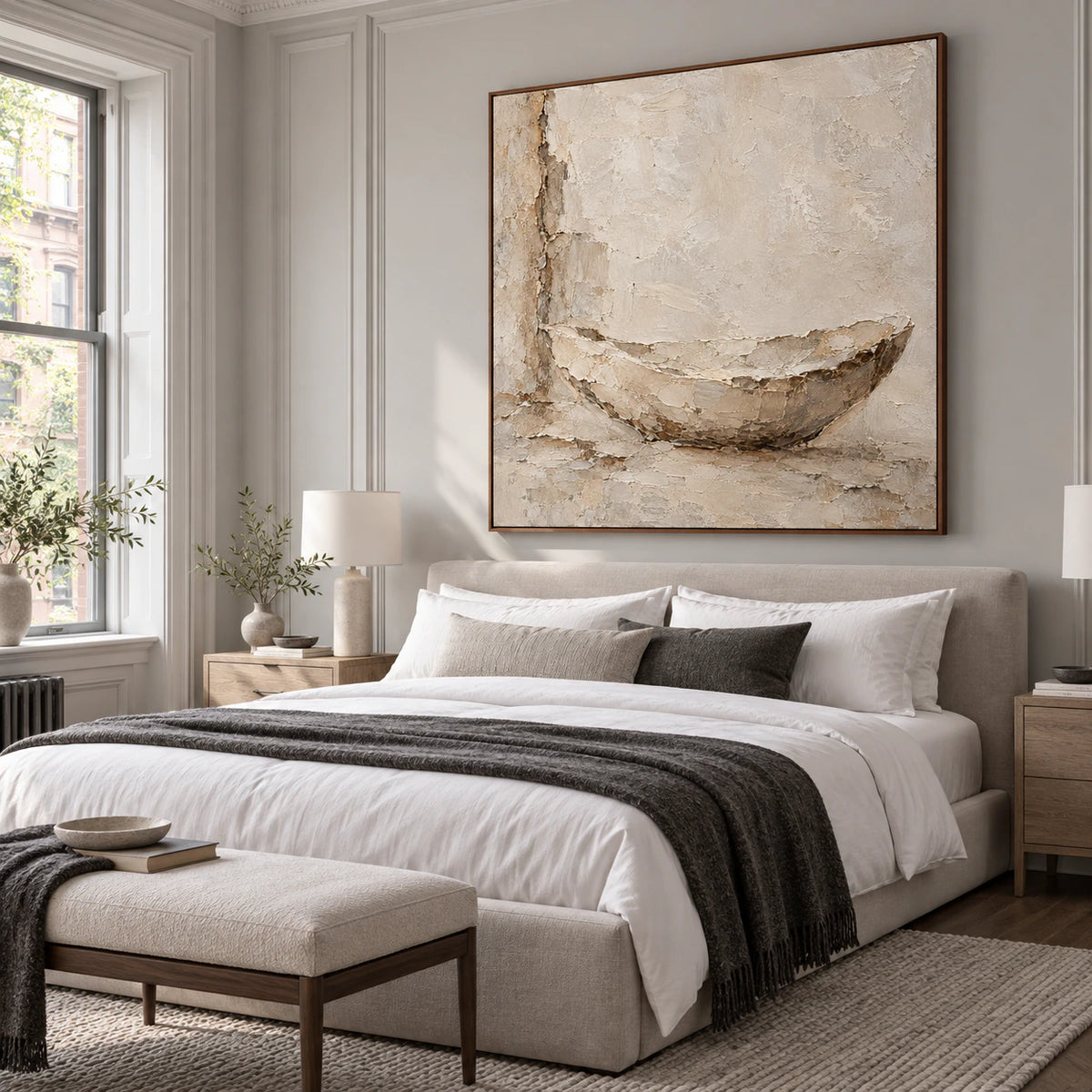 Earthen-Vessel above a low bed in a quiet, airy bedroom.