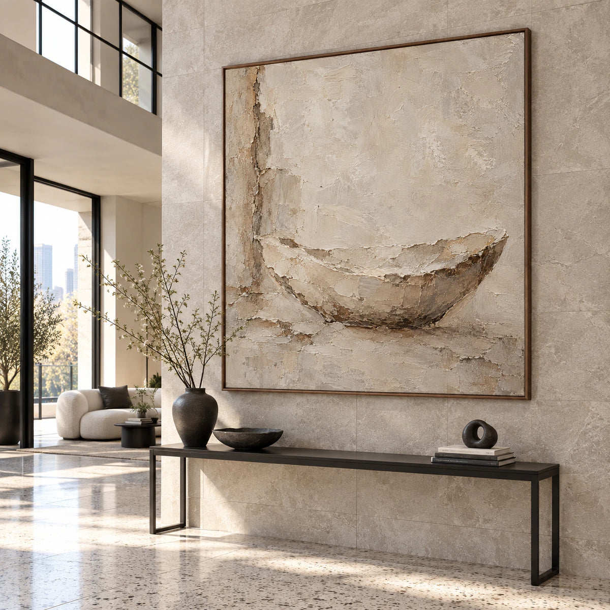 Earthen-Vessel at gallery scale in a spacious stone foyer.