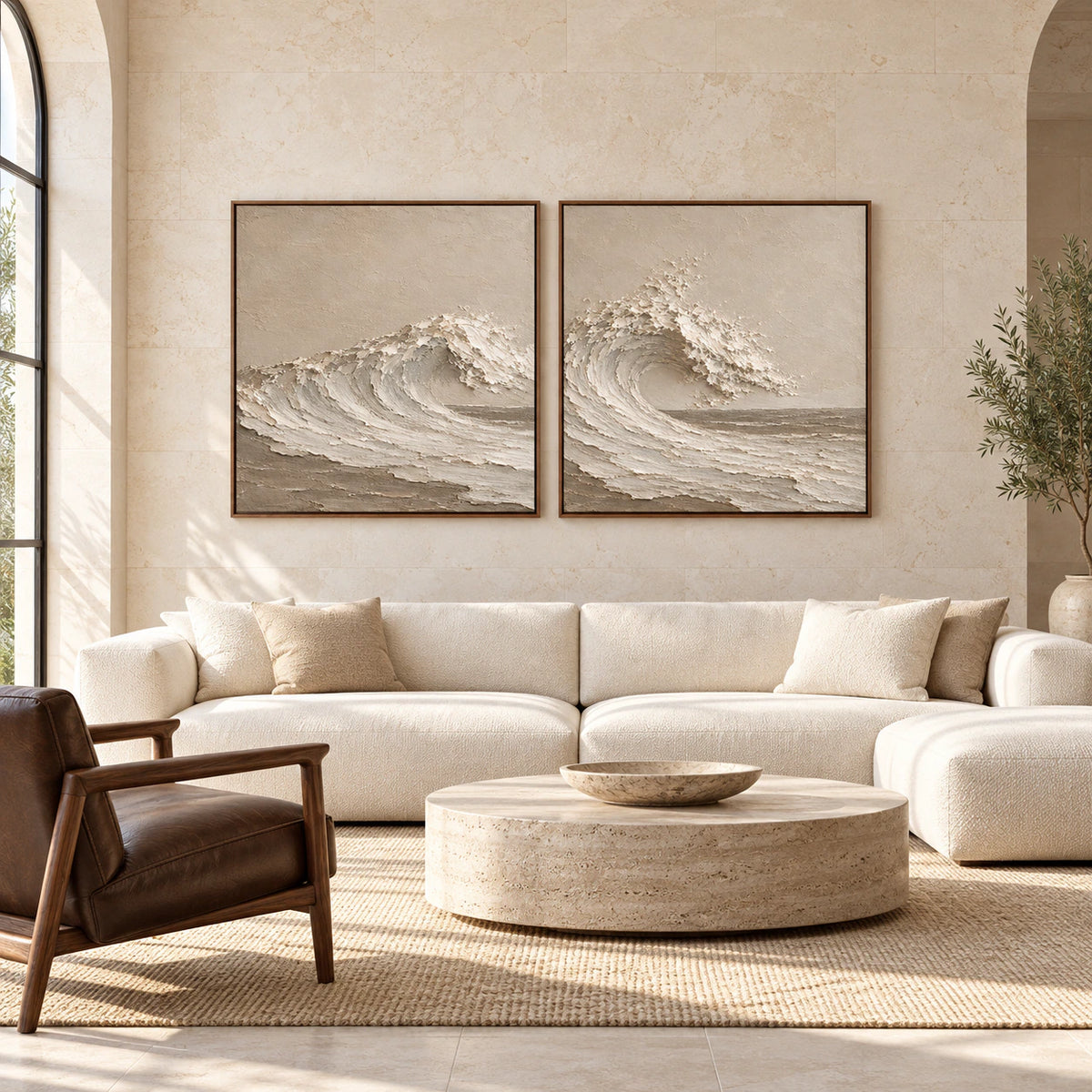 Large Ebb-Contour square diptych in slim walnut frames, shown straight-on in a bright architectural living space.