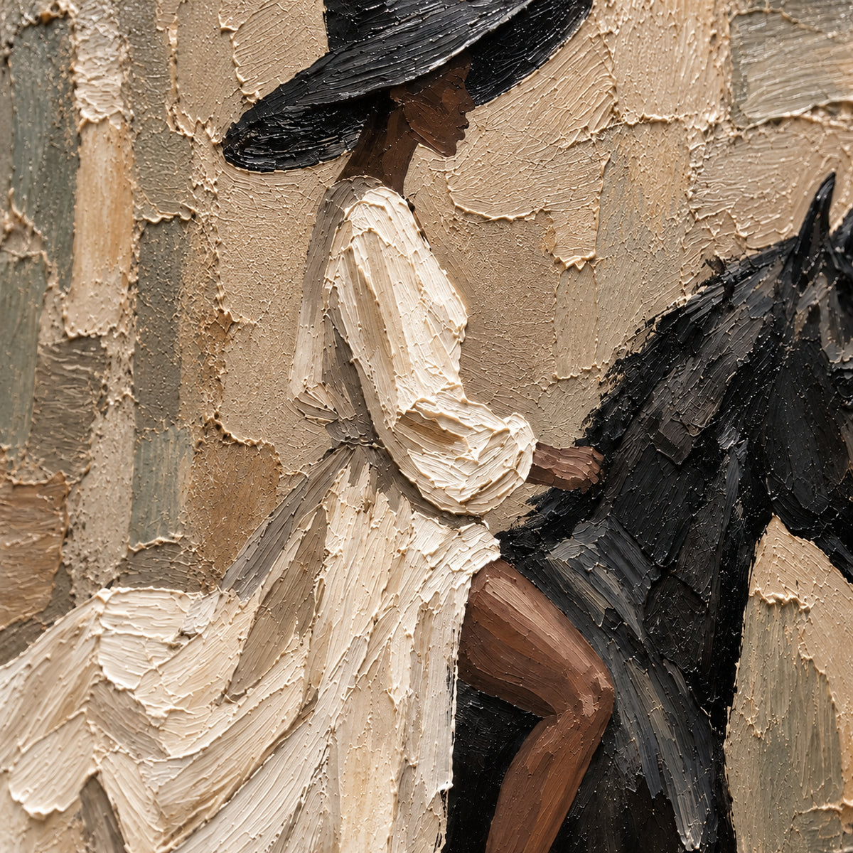 Ebony-Canter oil painting brushwork and impasto detail photographed from an oblique side angle