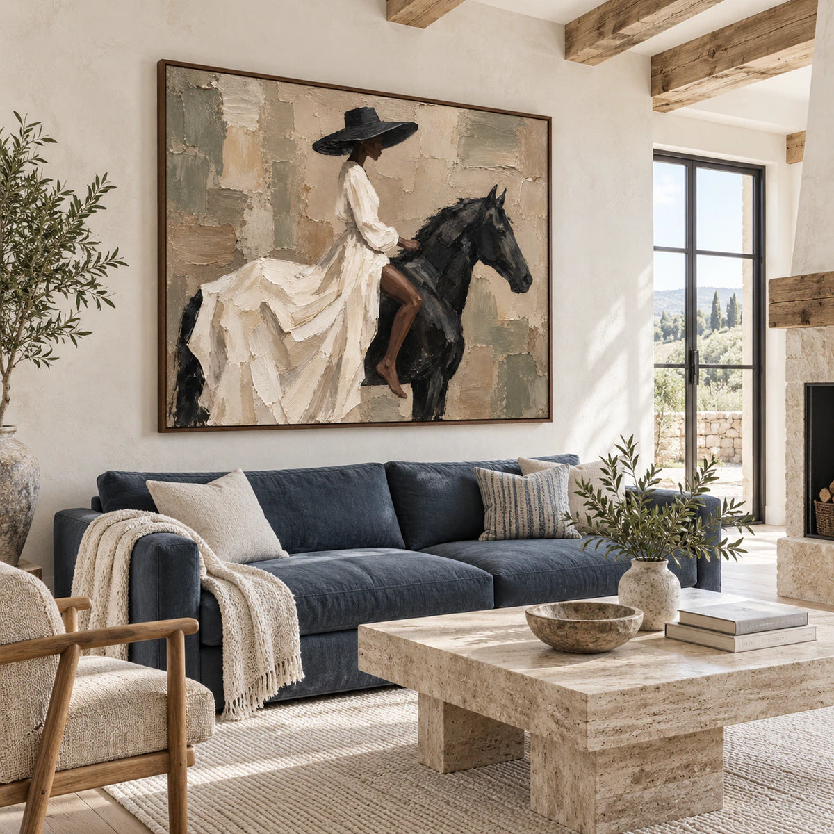 Bright living room with Ebony-Canter as the central large-scale artwork.
