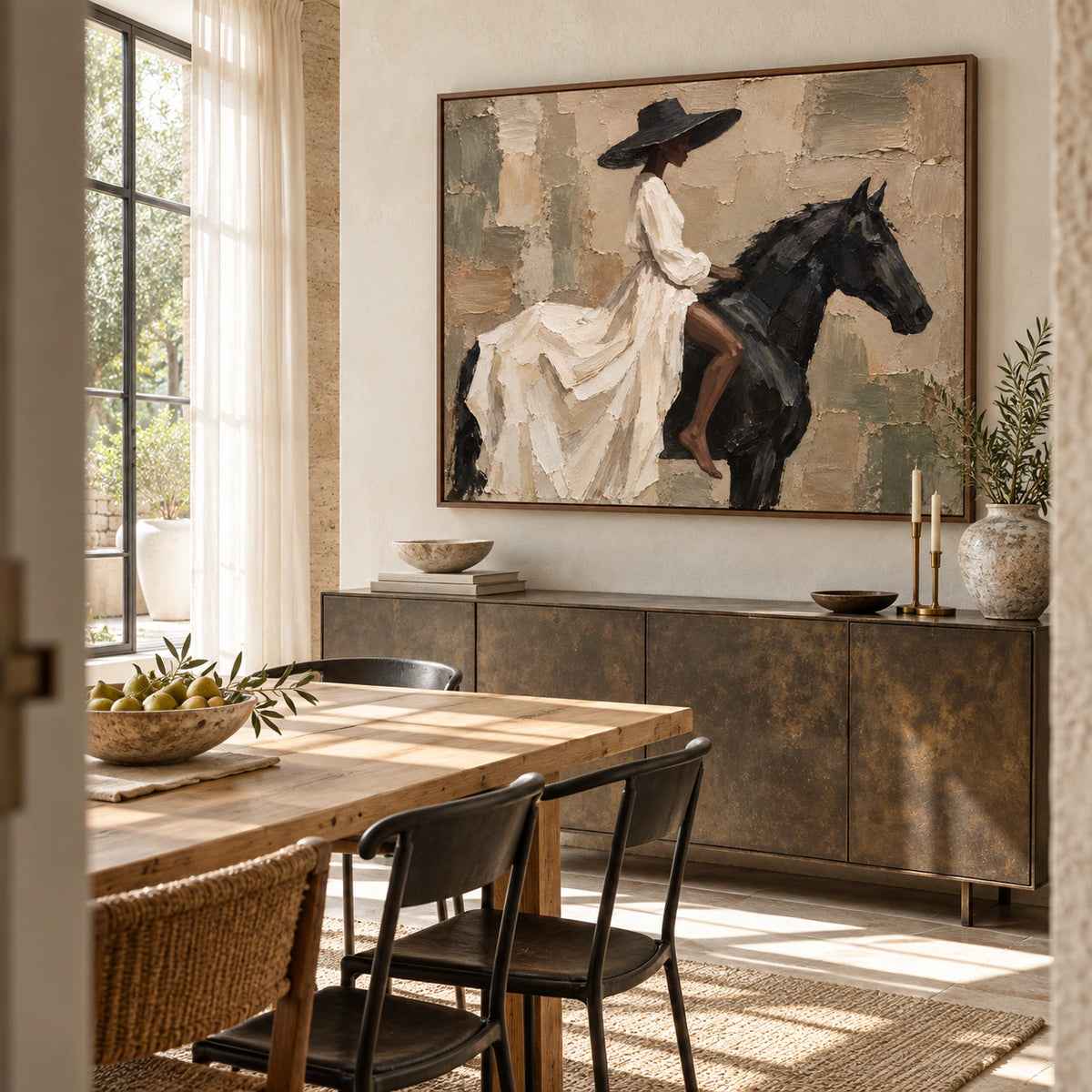 Refined dining room featuring Ebony-Canter above a sculptural sideboard.