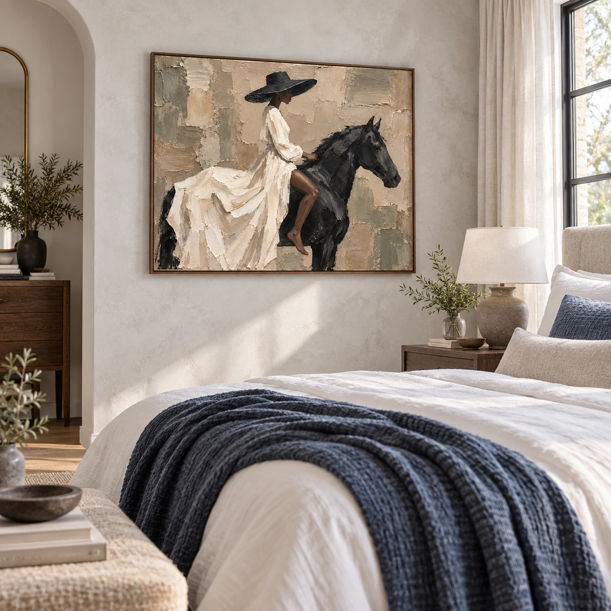 Quiet bedroom with Ebony-Canter presented as the focal wall art.