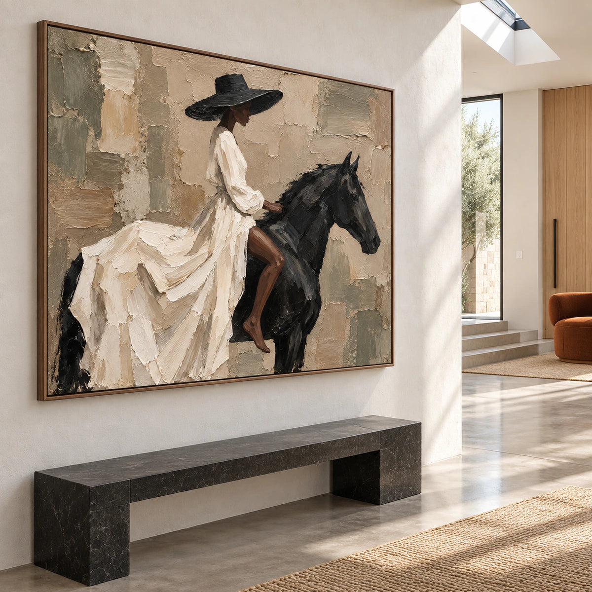 Gallery-scale foyer with Ebony-Canter as the dominant artwork.