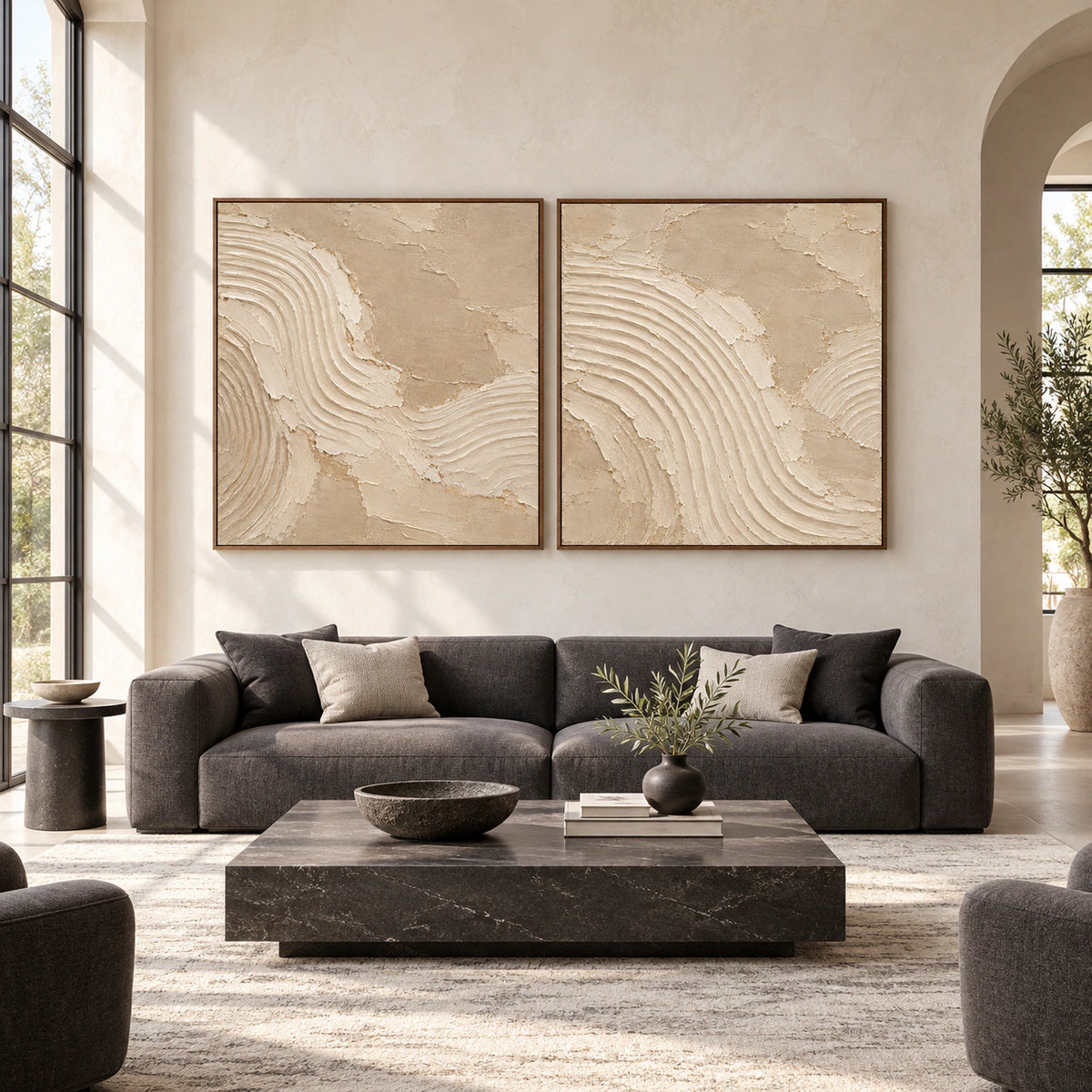 Large square Ecru-Cadence diptych in matching slim walnut frames, installed side by side in a spacious sunlit interior.