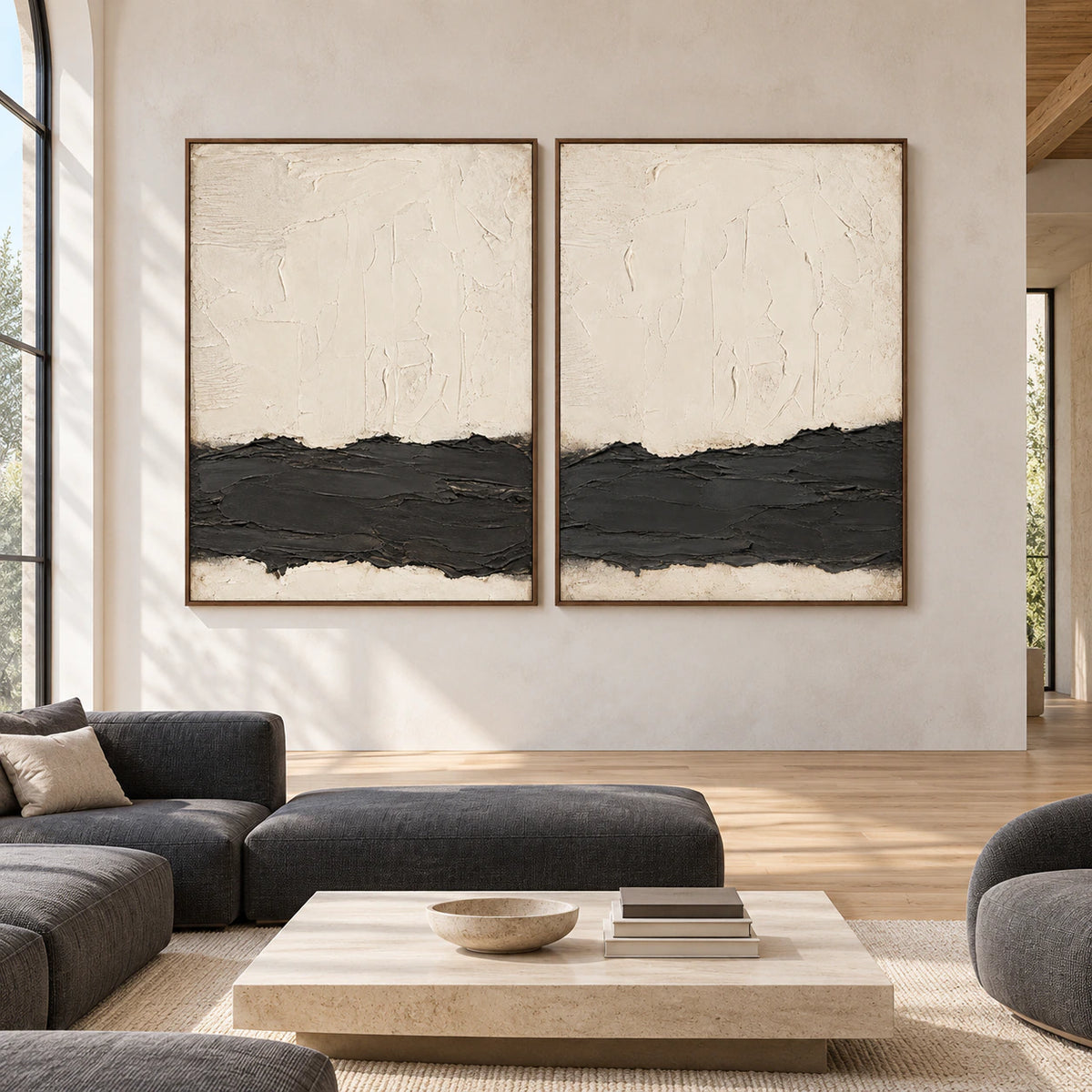 Large straight-on gallery view of the Ecru-Contour framed diptych.