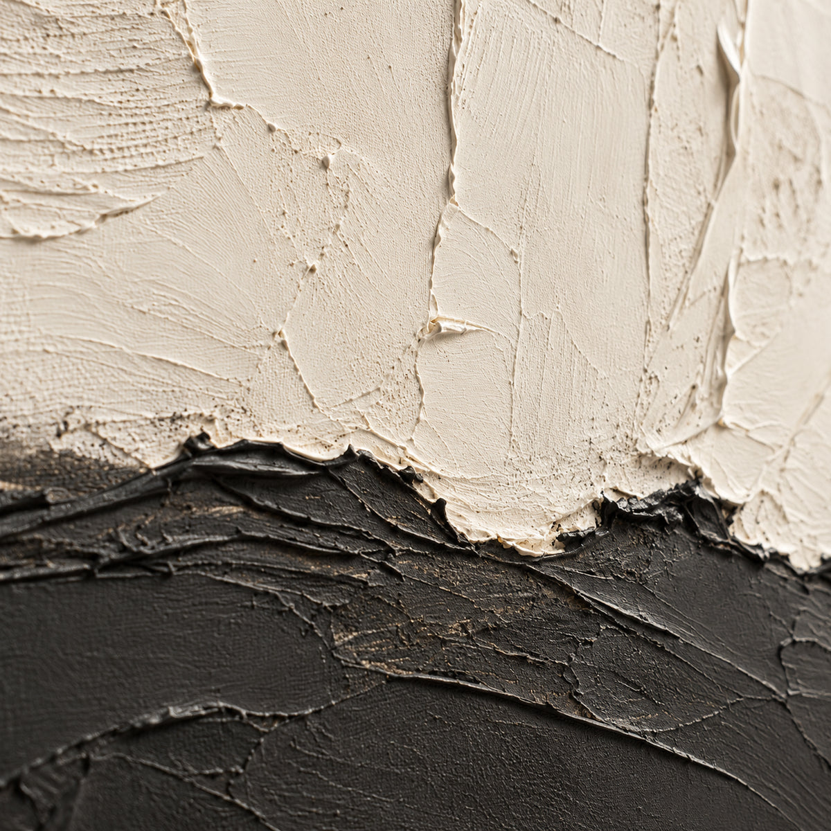 Ecru-Contour oil painting brushwork and impasto detail photographed from an oblique side angle