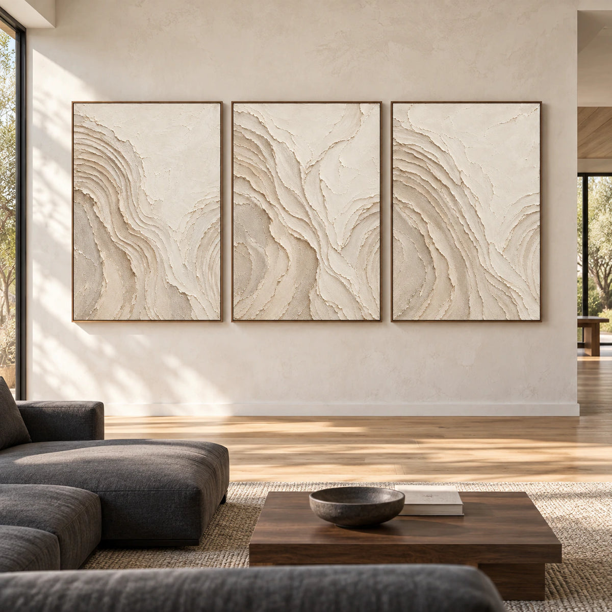 Large Ecru-Meander textured triptych in slim walnut frames on a bright gallery wall.